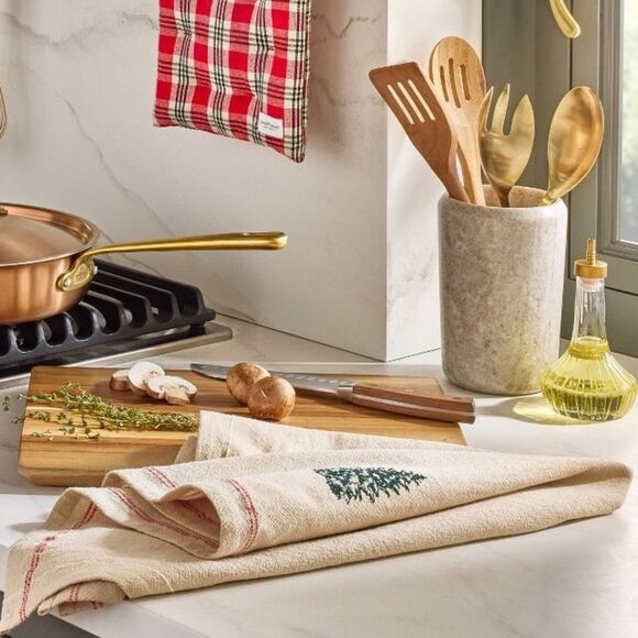 Hearth & Hand Embroidered Tree Design with Red stitched edging Kitchen Towel - Picture 2 of 8